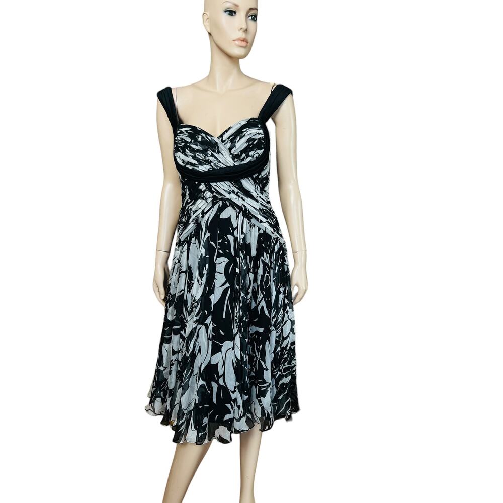Tadashi Shoji NEW Collection 100% Silk Midi Black and White Dress Size 10 - Picture 5 of 14